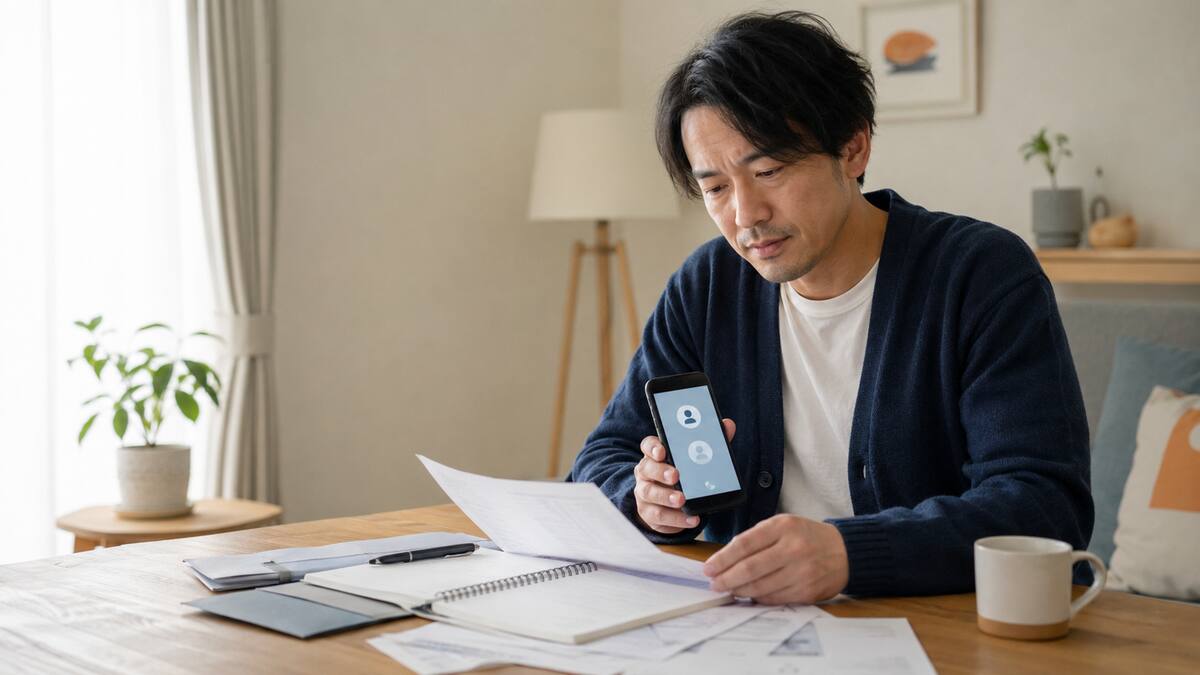 借金の請求書を確認しながら相談窓口へ連絡する会社員のイメージ